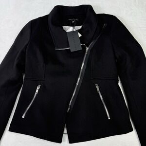 Gibsonlook Moto Jacket Womens Medium Black Stretch Knit Blazer Asymmetrical NWT